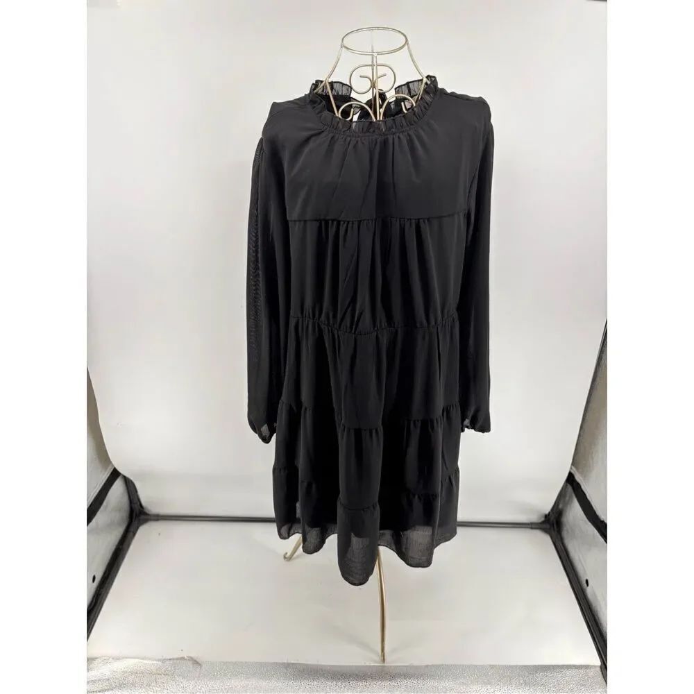 Kirundo Ruffle Mock Neck Tiered Mini Dress Black New With Tags Size Large